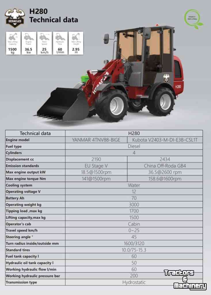 Radlader Heracles H280 PRO, Telescoop en Elektrisch