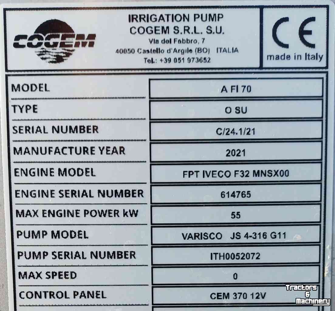 Stationäre Motor/Pump set Cogem 180m3 bij 3 bar